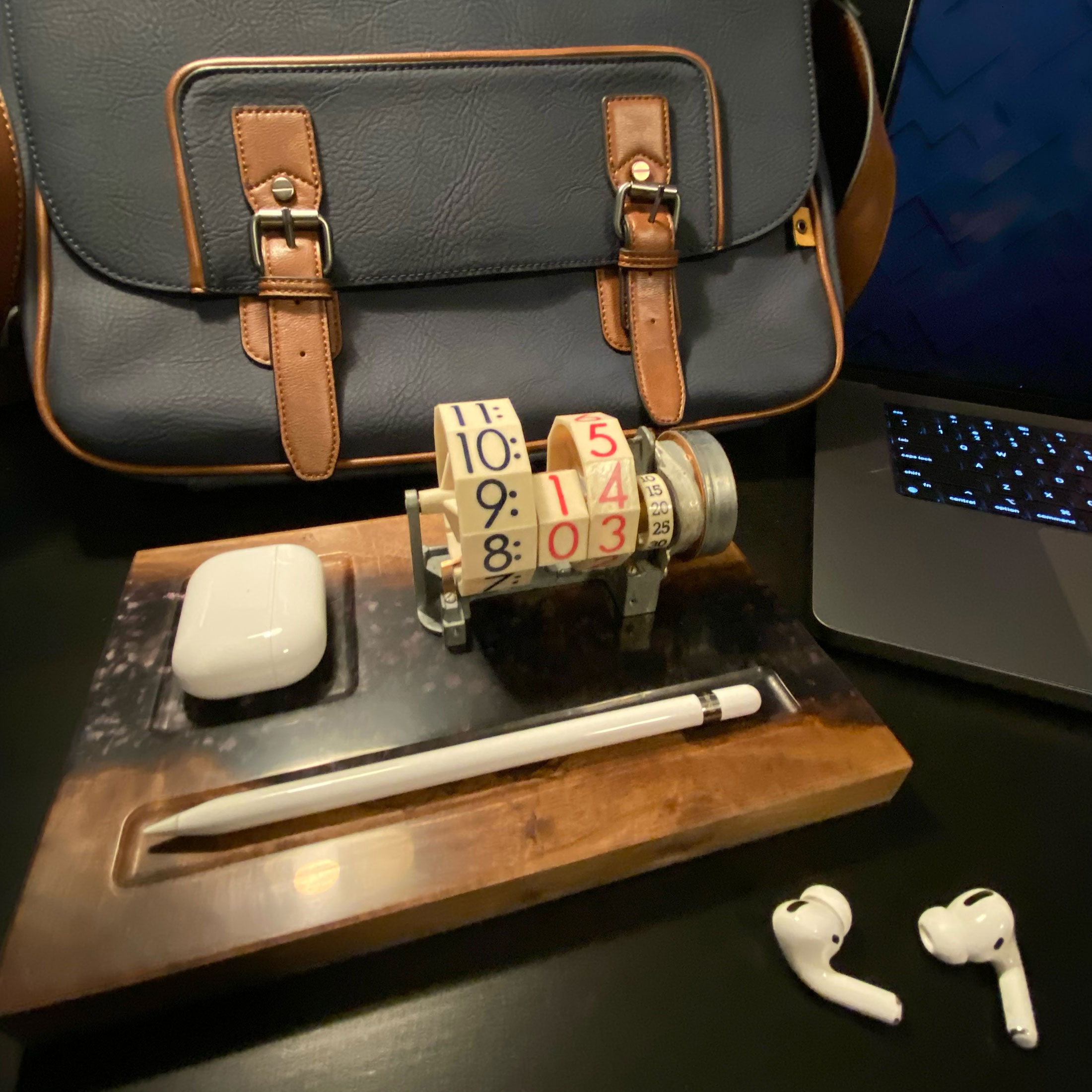 Free Plastic's live edge desk valet with deconstructed clock