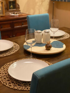 Blue & birch Lazy River on a dining room table