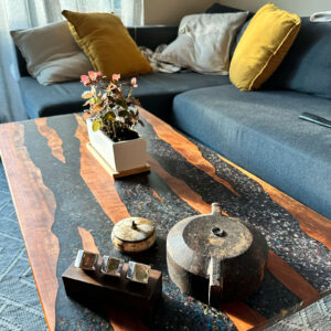 Islands River Table | Recycled ocean plastic in black epoxy with reclaimed cherry